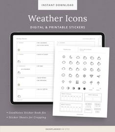 a tablet with the text, weather icons and printable stickers on top of it