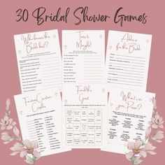 the 30 bridal shower games are shown with pink flowers and greenery around them