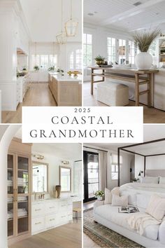 a collage of photos with the words coastal grandmother in white and neutral colors on them