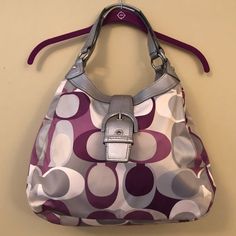 Coach Bag, Purple, Grey, And Silver, Satin Fabric On The Interior And Exterior. Silver Metallic Handle. Lots Of Storage And Organization - Three Compartments (See Photo With Arrows), Plus Interior Slots For Cellphone And Zippered Interior Compartment. This Is A Really Beautiful Bag. Other Than Two Small Spots, Which Could Be Cleaned But Are Hardly Noticeable, The Bag Is In Perfect Condition. I Really Love This Bag, But Now That I Lug A Laptop With Me Everywhere, I Only Use Larger Totes. Purple Bags, Large Tote, Beautiful Bags, Coach Bags, Satin Fabric, Storage And Organization, Fabric Color, Metallic Silver, Bag Lady