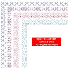 the border cross stitch pattern bundle is shown in red, white and blue with text