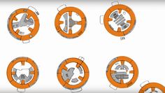 an orange and white clock with eight different parts