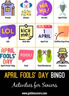 an image of the days of spring with text that reads, april fool's day bingo