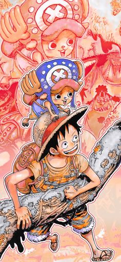 an image of one piece and another character on a skateboard in front of a painting