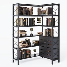 a book shelf with many books on top of it and drawers under the shelves below