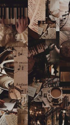 a collage of photos with music, coffee and other things on it's surface