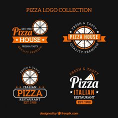 four different logos for pizza house and fresh & tasty quality restaurant on black background