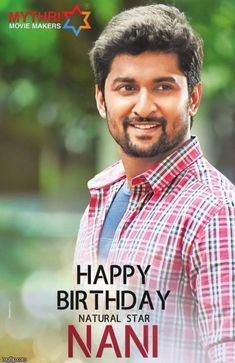 happy birthday nani movie poster with an image of a man in plaid shirt and tie