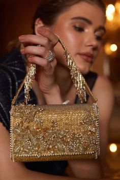 Shop for Lovetobag Esme Flapover Clutch With Handle Online at Aza Fashions Indian Purses Clutches, Gold Purse Outfit, Kiran Uttam Ghosh, Ethereal Classic, Indian Clutch, Fancy Clutch, Charity Ball, Girl Prom, Gold Handbag