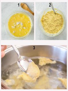 the steps to make an egg mixture in a saucepan with a ladle and spoon