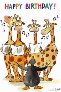 three giraffes singing happy birthday to each other with notes in their mouths