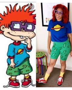 a woman with red hair and glasses standing next to an image of a cartoon character