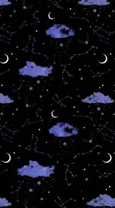 the night sky with stars, clouds and crescents is shown in purple on black