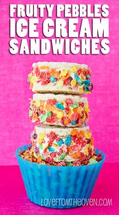 three ice cream sandwiches stacked on top of each other with the words fruity pebbles ice cream sandwiches