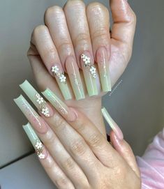 Cute Clear Pink Nails, Light Green Quince Nails, Pink And Sage Green Quinceanera, Sage Green Rhinestone Nails, Sage Green And Pink Quince Nails, Nails Green Quince, Sage Green Nails Acrylic Long, Sage Acrylic Nails