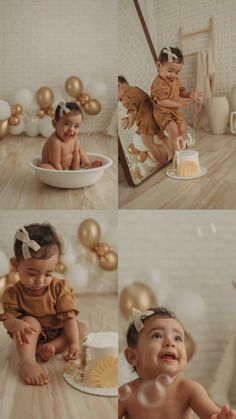 two babies are sitting on the floor in front of gold balloons