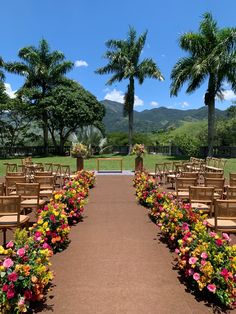 an outdoor ceremony set up with wooden chairs and flowers on the aisle, surrounded by palm trees