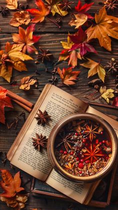 an open book with spices and star anise on it, surrounded by autumn leaves