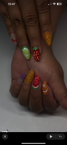 Have you seen the latest 3D fruit nails trending on TikTok? Get your very own! Perfect summer nails I personally got so many compliments on. If you would like a particular fruit for all 10 nails or even want to mix up the order just let me know! These summer fruity nails are so cool you'll get lots of compliments! Choose your nail sizing or message me with your custom sizing.  Follow me on TikTok! 💅✨ @nailsbygabbyla Each nail kit comes with prep alcohol pads, cuticle pusher, nail glue, glue tab 3d Fruit Nail Art, Nail Inspo For Kids, 3d Strawberry Nails, 3d Fruit Nails, Mario Nails, Fruity Nails, Perfect Summer Nails, Watermelon Nail Art, Strawberry Nails