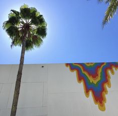 a palm tree stands in front of a building with a colorful mural on it's side