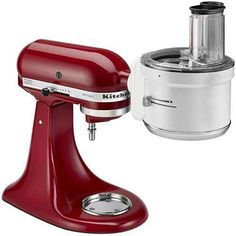 a red kitchenaid stand mixer next to a silver food processor on a white background