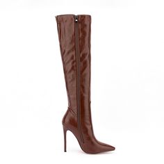 Shop Brown Stiletto Knee High Boots Pointed Toe Wide Calf Zip Boots For Work color Brown for Dancing Club, Night Club, Party, Work with worldwide Free shipping & Free return. Brown Tall Heeled Boots With Pointed Toe, Brown Fitted High-ankle Knee-high Boots, Brown Knee-high Party Boots, Fitted Brown Knee-high Boots, Fitted Brown Knee-high Boots For Party, Brown Fitted Heeled Boots For Evening, Brown Knee-high Heeled Boots For Night Out, Party High Ankle Brown Boots, Brown Faux Leather Knee-high Party Boots