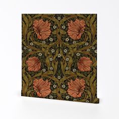 an intricately designed wallpaper with flowers and leaves in green, orange and brown colors