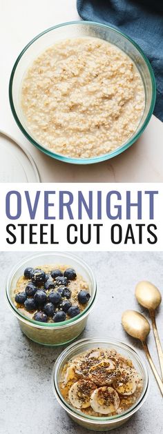 overnight steel cut oats with bananas and blueberries in bowls on a counter top