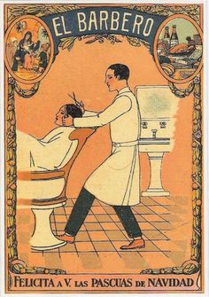 an old poster with a man getting his hair cut