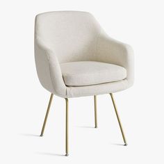 an upholstered chair with gold legs and a white fabric seat, viewed from the front