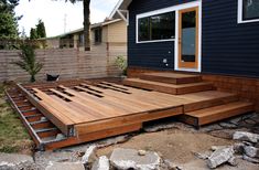 a wooden deck in front of a blue house