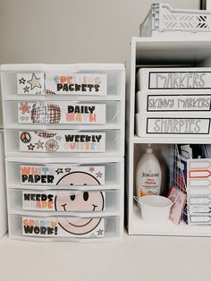 Drawer organization in a classroom. Smiley face labels with bright colors. Drawer Labels, Class Organization, Upper Elementary Classroom, Happy Vibes, Teacher Organization, Upper Elementary, Teacher Hacks, Elementary Classroom, Changing Table