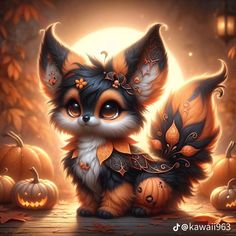 a painting of a little fox with pumpkins in the background