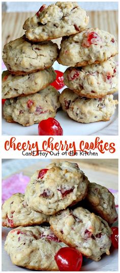 cookies with cherries are stacked on top of each other and the words cherry berry cookies can