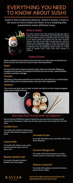 the menu for sushi is shown in black and orange