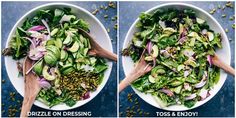 two pictures showing different types of salads