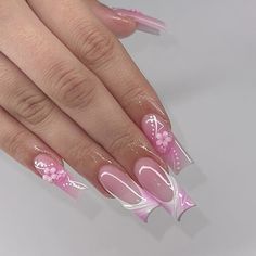 ig: nailsonglo Aesthetic Pink Acrylic Nails, Nail Art Designs Pink And White, Air Brush Nail Designs Ideas, Medium Summer Nails, Nails With Pink Base, Garden Nails Design, Pink And White Nails Acrylic, Pink Nail Inspo Acrylic, Vacation Nails Square