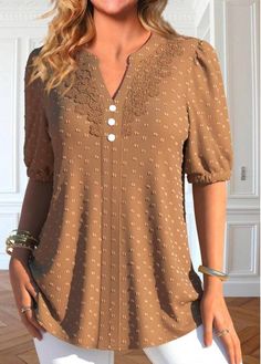 Color:Dark Camel;Size:S;Size:M;Size:L;Size:XL;Size:XXL;Package Contents:1 X Blouse;Occasion:Other;Style:Casual; Short Sleeve Lace Blouse, Stylish Tops For Girls, Girls Dress Sewing Patterns, Trendy Tops For Women, Trendy Fashion Tops, Lovely Tops, Long Dress Casual, Lace Short, Trendy Clothes For Women