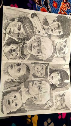 this is a drawing of the cast of tv show friends in black and white pencils