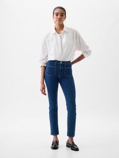 Fit: A slim, ankle-length classic.  More room than our True Skinny, but just as comfortable.  Fabric: 86% Cotton, 7% Recycled Materials, 5% Polyester.  Stretch: Stretch Jeans.  A bit of hug & a lot of hold.  Comfortable & designed to flatter.  Rise: Mid Rise Jeans.  Look: A classic four-pocket jean in dark indigo wash.  Details: Zip fly, patch-pocket styling & holds-you-in front pockets.  Responsibly Made: This pair of jeans is part of our water-saving Washwell program.  Compared to conventional wash methods, Washwell has saved millions of liters of water since 2016.  Our Mid Rise Jean has a 10" 25cm) rise.  Fitted through the hip & thigh.  Slim leg.  Ankle-length jeans.  13. 25" 34 cm) leg opening. ​ Inseam: Petite 25. 5" 65 cm), Short 26" 66 cm), Regular 27. 5" 70 cm), Long 29. 5" 75 cm)