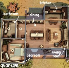 an overhead view of a house with all the rooms labeled in english and spanish,