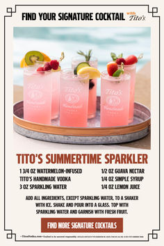 an advertisement for a summer cocktail party with three glasses of pink lemonade and strawberries