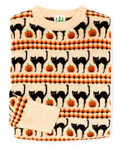 Sweater With Cats On It, Dream Clothes Fall, Cat Pattern Sweater, Halloween Sweaters, Halloween Fits, Kiel James Patrick, Piskel Art, Labu Halloween, Scaredy Cat