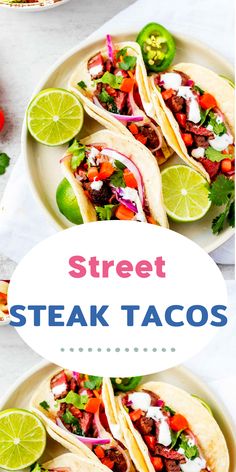 three steak tacos on plates with limes and cilantro