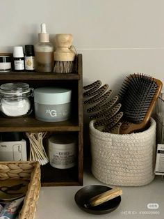 the bathroom is clean and ready to be used by someone with many personal care products