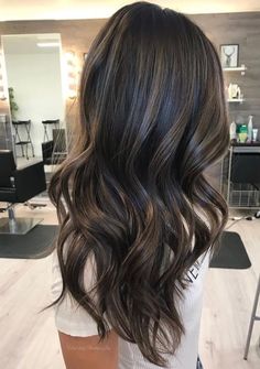 Beach Waves Dark Brown Hair, Subtle Babylights For Dark Hair, Beach Waves Dark Hair, Ash Brown Babylights On Dark Hair, Dark Brown Hair With Babylights, Dark Brown Bayalage Hair, Brunette Beach Waves, Ashy Babylights On Dark Hair, Soft Brunette Balayage