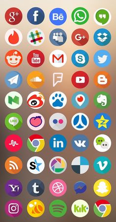 a bunch of different colored circles with social icons in the middle and bottom half, all on top of each other