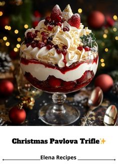 christmas pavlova trifle recipe with berries and whipped cream in a glass dish