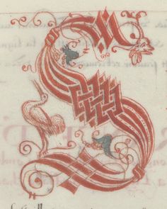 an old fashioned drawing with red ink on white paper, depicting the initial letter s