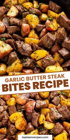 garlic butter steak bites recipe with text overlay